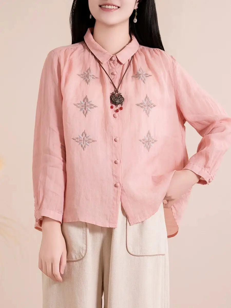 Nowa kolekcja wiosna-lato 2025: bawełniana i lniana koszula z haftem, literacki styl, kołnierzyk, długi rękaw, uniwersalna, luźna bluzka.