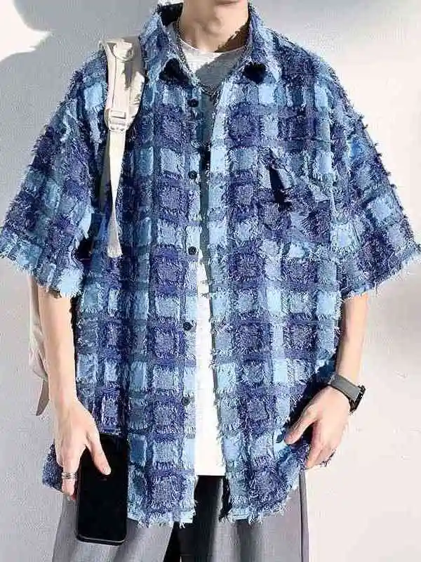 

Retro Short Sleeve Plaid Shirt Men's Large Size Sand Xia Xin Thickened Non-deformable PU Leather Cleanfit Style Four Seasons