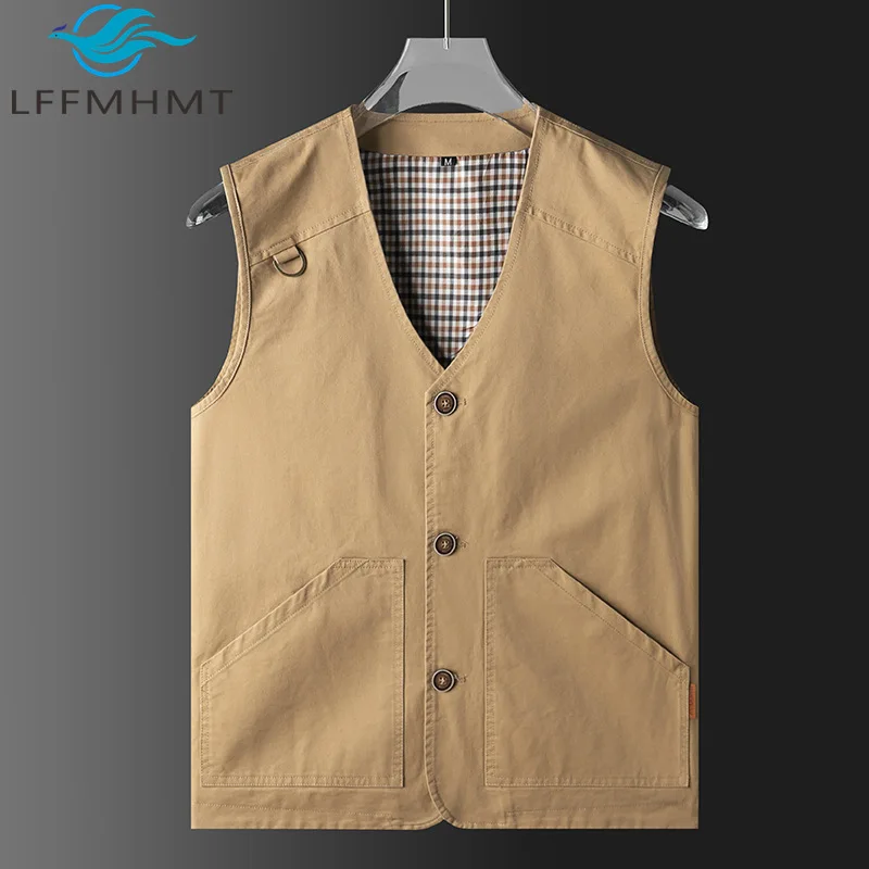 

Good Quality Men's 98% Cotton Vest Summer Fashion V-neck Solid Color Sleeveless Multi-pocket Outdoor Fishing Waistcoat Male Tops