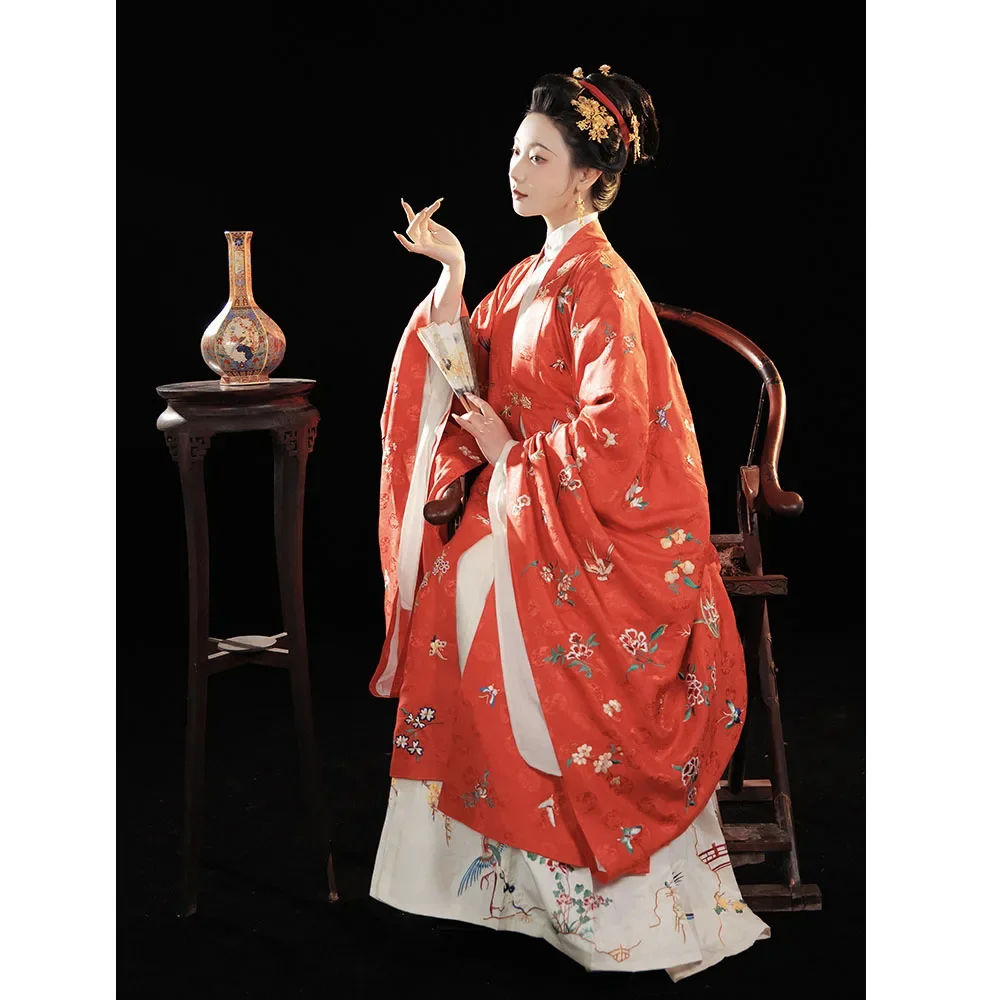 ShangGongYu Original Ming Dynasty Hanfu Dress For Women Red Flower Bird Embroidery Large Sleeve Cloak And White Horse Face Skirt