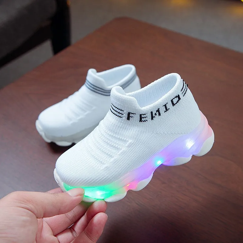 Tênis infantis com luz LED, Sapatos para meninos e meninas com letras, Meia de malha, Baby Light Shoes