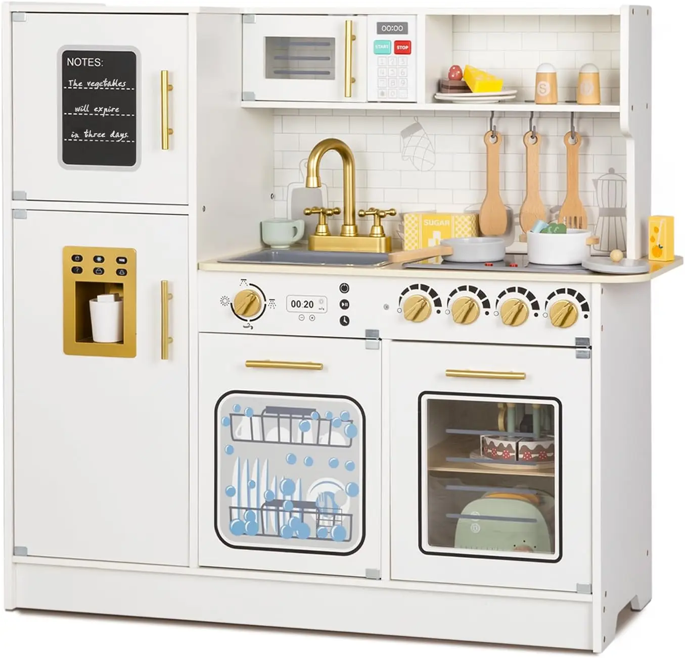 Drewniany zestaw kuchenny dla dzieci, symulowane dzieci bawią się w kuchni ze światłami i dźwiękami, przyjemna zabawka do odgrywania ról kuchnia z dużą ilością zabawy