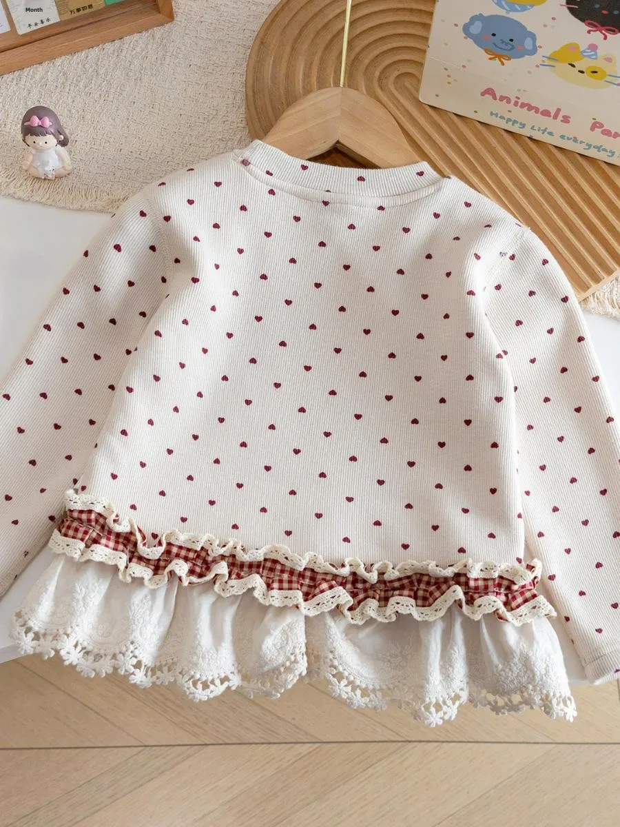 Cute Little Girl Kindergarten Baby Winter Fce Lined T-irt Heart Floral Lace Sweater Stand Fit Casual Sle 2025 New