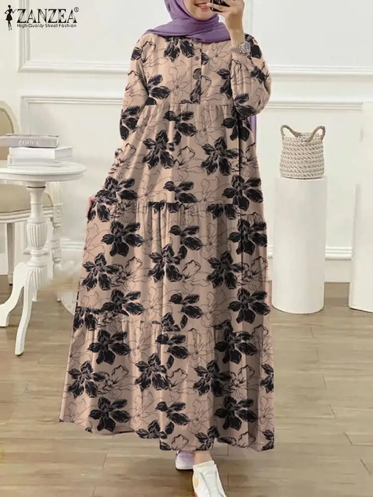 ZANZEA Fashion Autumn Long Sleeve Floral Printed Dresses Muslim Abaya Women Buttons Vestidos Robe Femme Bohemain Loose Sundress