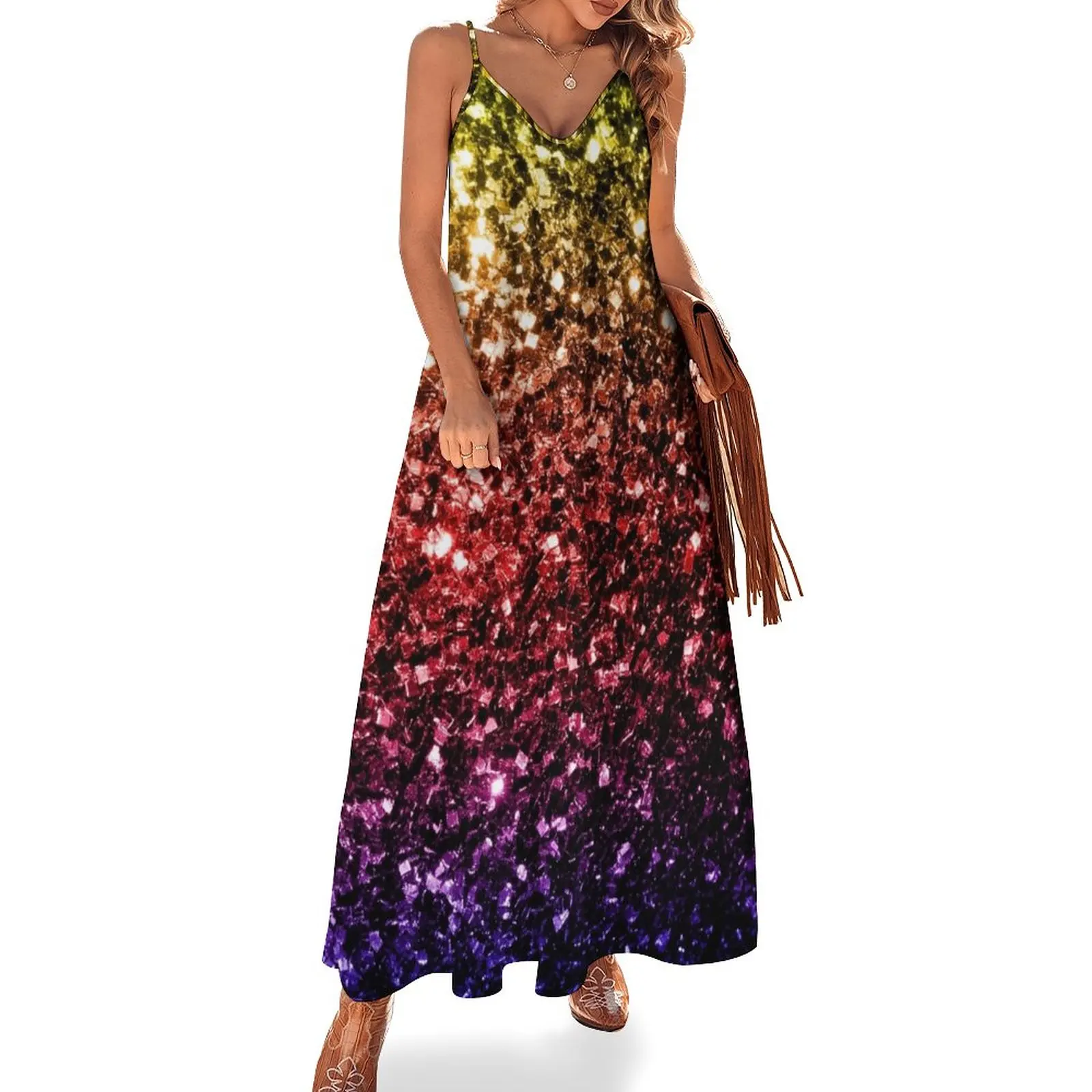 

Rainbow yellow red purple faux sparkles Sleeveless Dress Long veiled dresses luxury woman evening dress