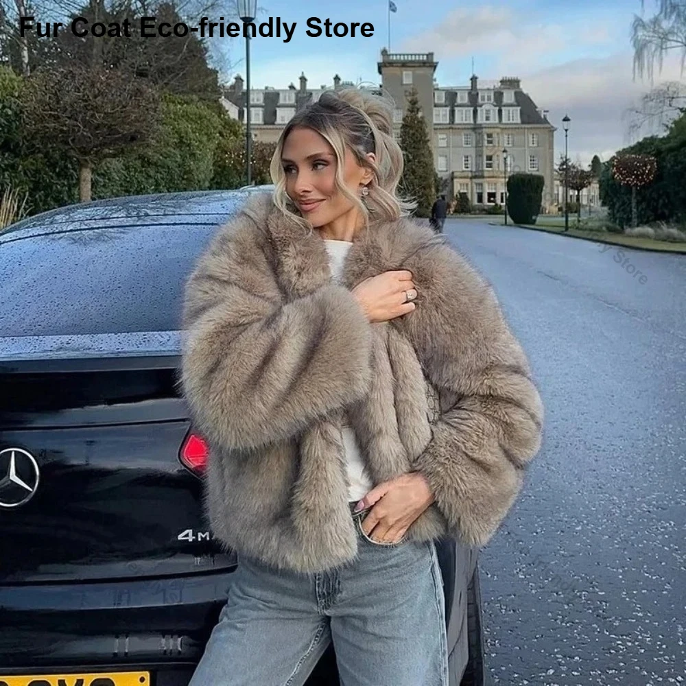 

Women Faux Fur Moto Jacket Women Winter Hooded Chic Street Fashion Girls Fluffy Fox Fur Jacket Femme Thick Warm Shaggy Overcoat