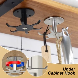 Under Cabinet Hook Rotating Kitchen Utensil Holder 6 Hooks Stainless Steele Utensil Hanging Rack with Screw for Kitchen Bathroom