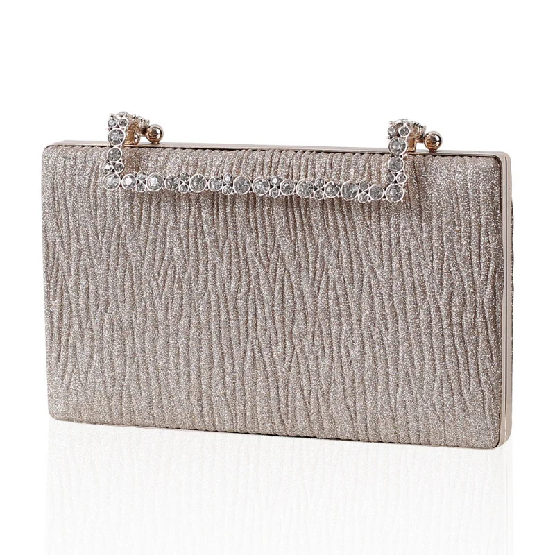 

European and American Champagne Color Evening Bag Pleated Rhinestone Shiny Dress Clutch Black Banquet Women's Eveni