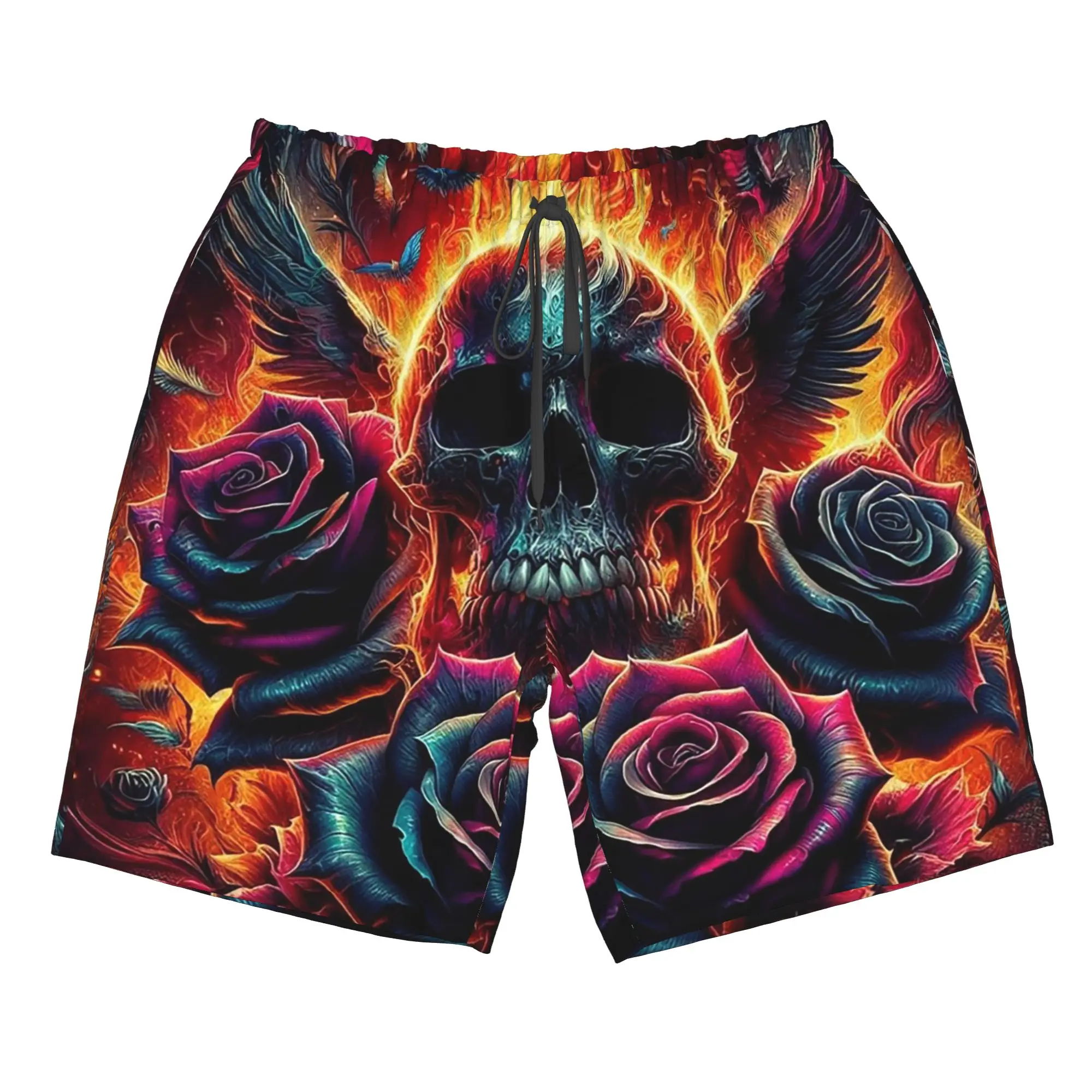 Skull With Rose in Fire Design Trunks Beach Board Shorts Casual Quick Dry Swim Summer Men Pants