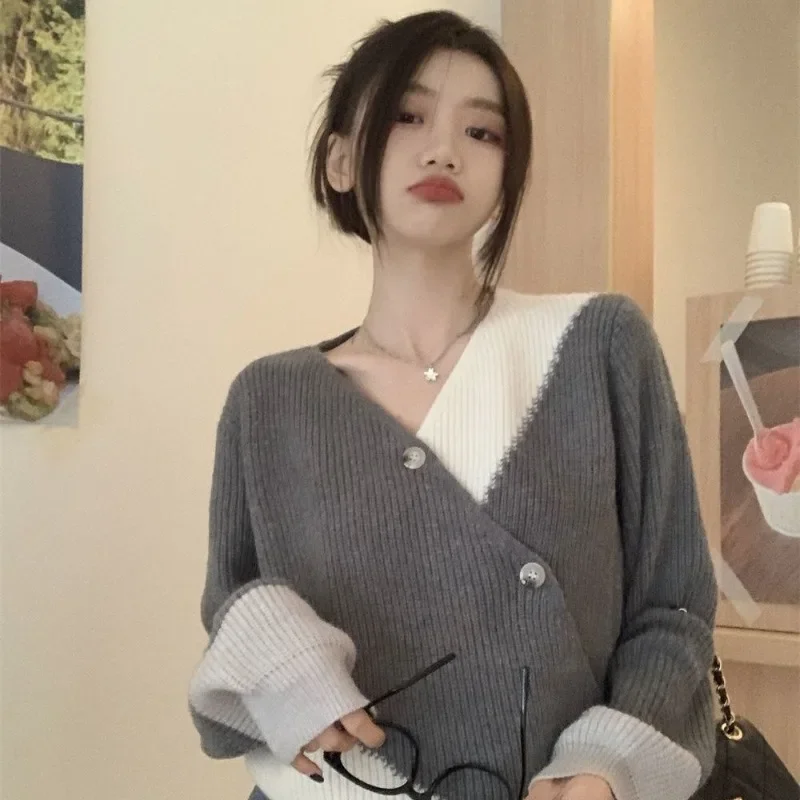 Korean Fashion Women's Sweater Oversize Winter Knit Jumper Long Sleeve V-neck Pullovers Patchwork Grey Sweaters Aesthetic