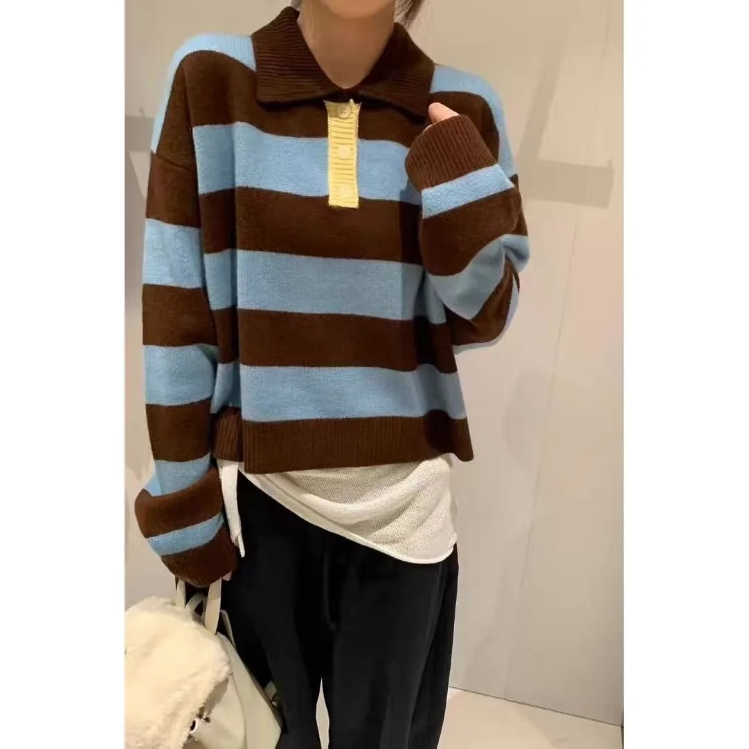 

Women's Loose Long Sve Knitted Collar Sweater Soft Cozy Autumn Winter Faion Korean Sle Striped Color Blo Top