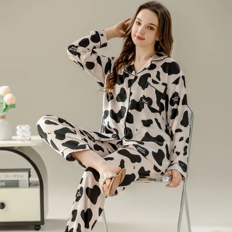 Women\'s Pajamas Sets Spring Autumn 2 Piece Cow Dot Print Pyjama Faux Silk Satin Sleepwear Long Sleeve Pijama Mujer Pjs Homewear