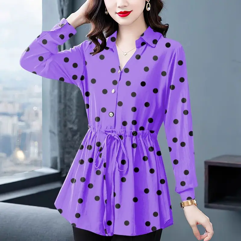 Spring Autumn Polka Dot Drawstring Lacing Shirt Tops Long Sleeve Polo Neck Loose All-match Blouse Vintage Fashion Women Clothing