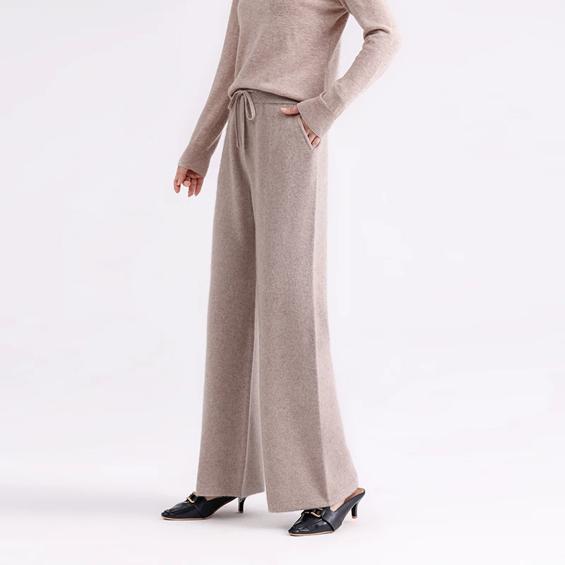 

100% Pure Wool Pants Cashmere Wide Leg Trousers Women's High Waisted Warm Knit Loose Casual Straight Leg Pants Autumn Winter New