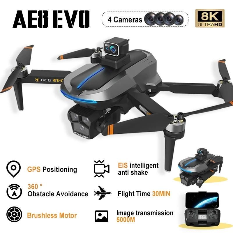 AE8 EVO GPS Drone HD 4 Camera WIFI transmission 5000m RC aircraft Laser Obstacle Avoidance Brushless Optical flow hover Dron Toy