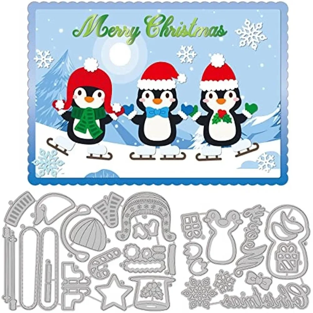 Winter Penguin Cutting Dies Hat Gift Steel Die Cuts Snowflakes Words Die Cut for Scrapbooking Card DIY Craft