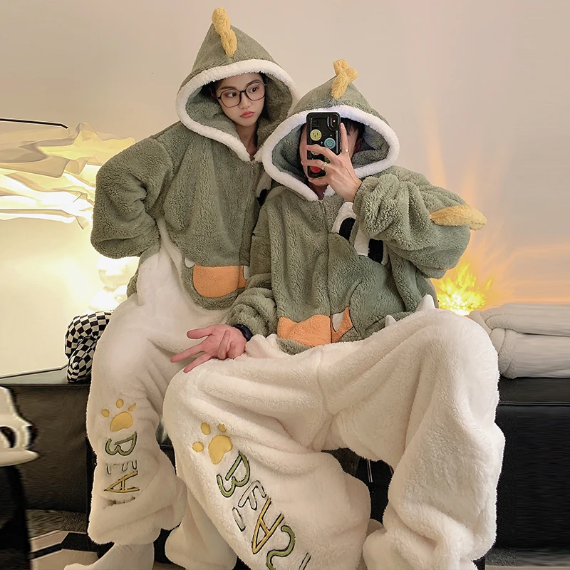 Kigurumis Dinosaur Pajamas Jumpsuits Women Sleepwear Adult Men Homewear Couples Hooded Pyjamas Thick Onesie Velvet Zipper