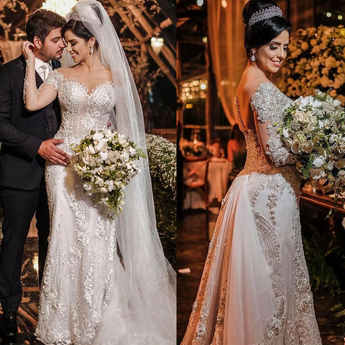 

Гламурные свадебные платья с аппликацией, свадебное платье русалки с длинными рукавами, платья невесты на заказ, Vestido De Novia, большие размеры