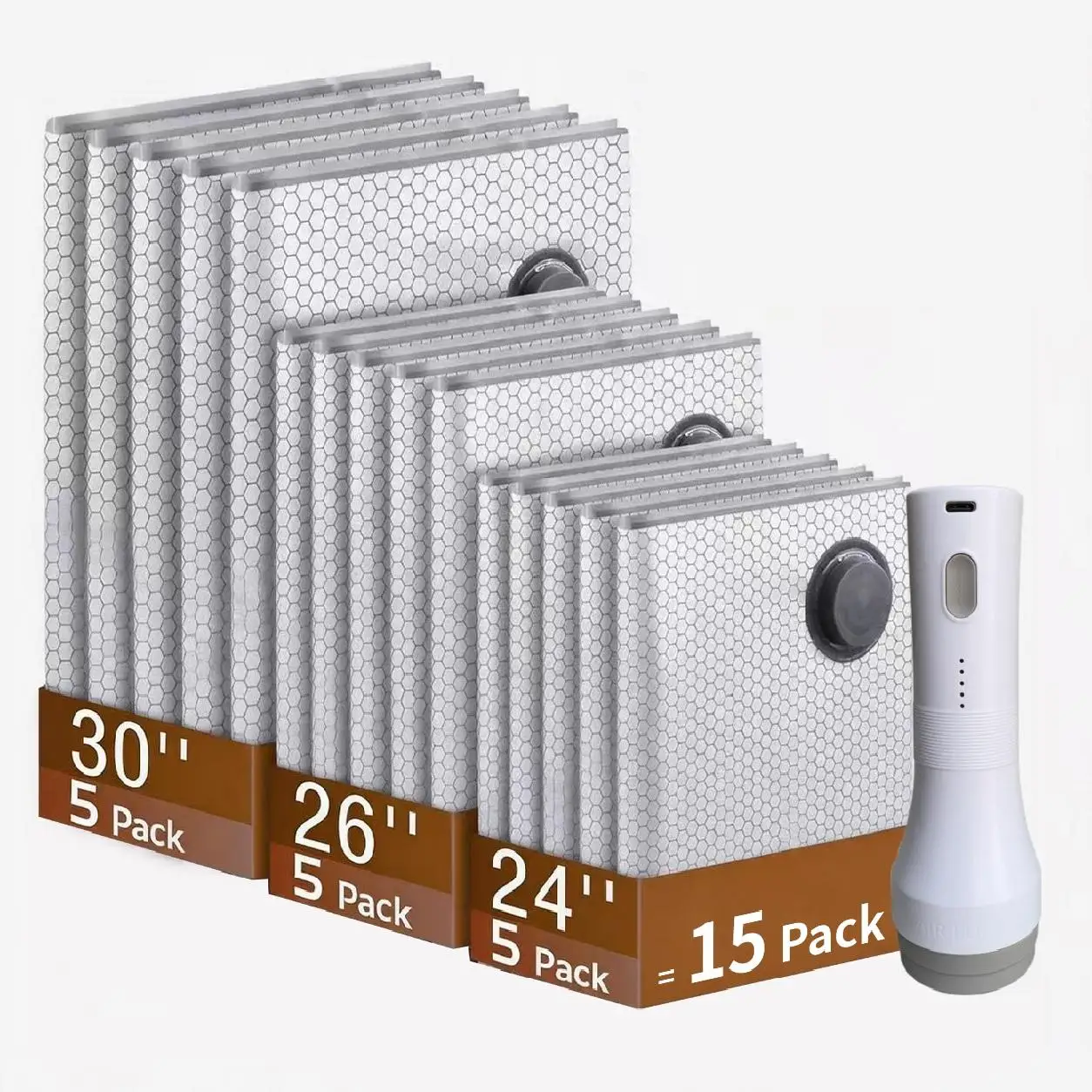 15Pcs Vacuum Storage Bags Set with Cordless Rechargeable Electric Air Pump Space Saver Travel Compression Organizer Bag 3 Sizes Waterproof Reusable for Clothes Home Closet Organization Luggage Suitcase