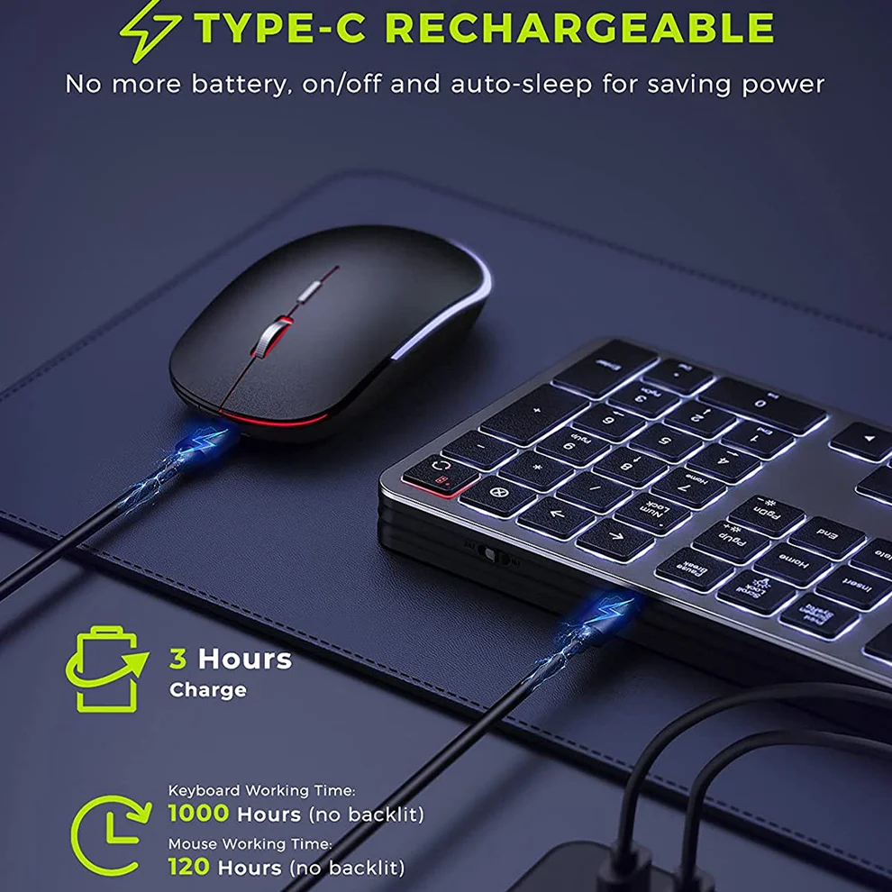 Wireless Backlit Keyboard 2.4G USB Silent Wireless Keyboard With Backlight Rechargeable Full-Size Slim Keyboard & Mouse Set