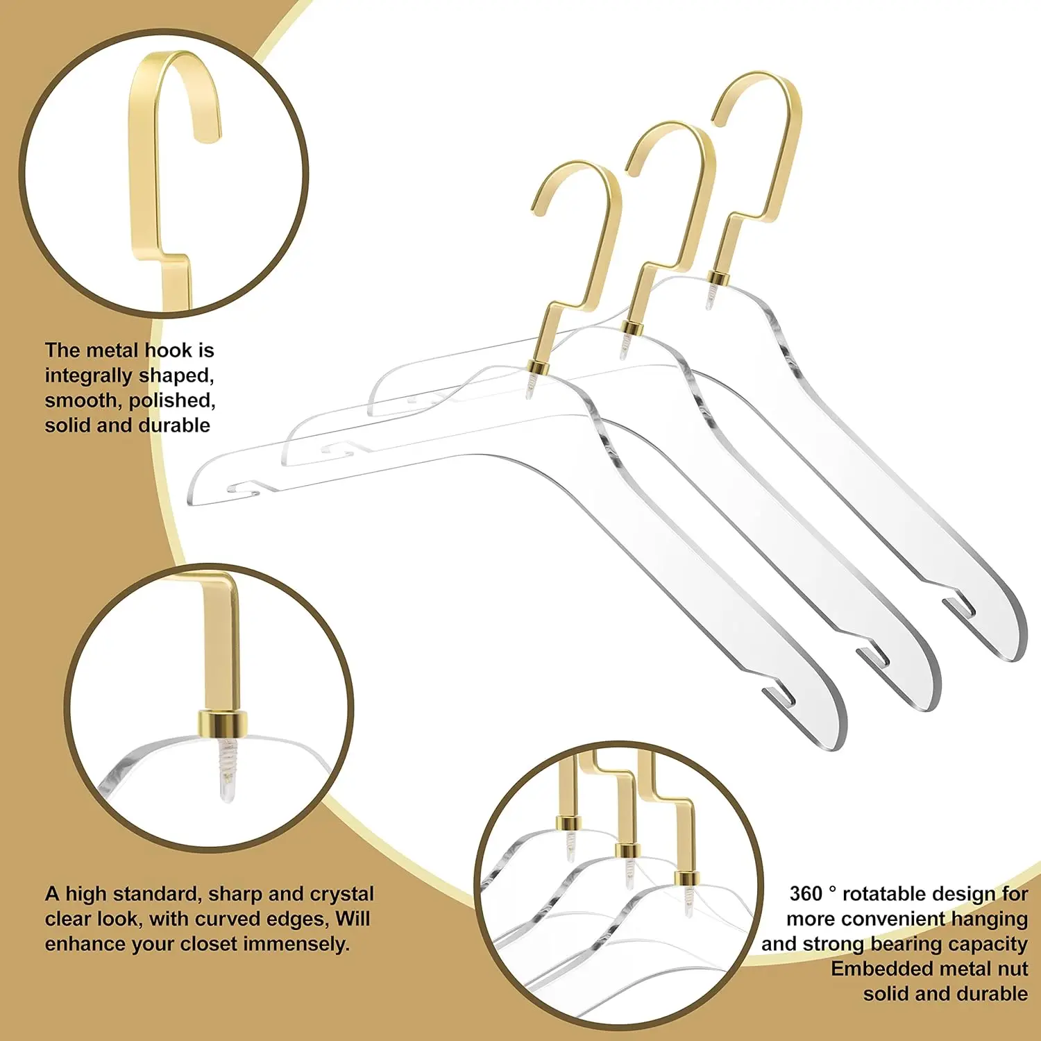 Quality Clear Acrylic Clothing Hangers – 50-Pack, Stylish Clothes Hanger With Matte Gold Hooks - Coat Hanger For Dress, Suit -