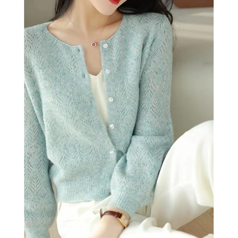 Fashion hollow-out 100% pure wool cardigan women spring and autumn round neck sweater short sweater loose cashmere small coat