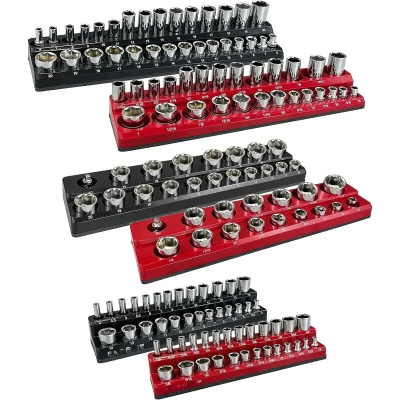 

Great deal.6-Piece Magnetic Socket Organizer Set, 1/2", 1/4" and 3/8" SAE & Metric Deep & Shallow Socket Holder Kit, holds 141 s