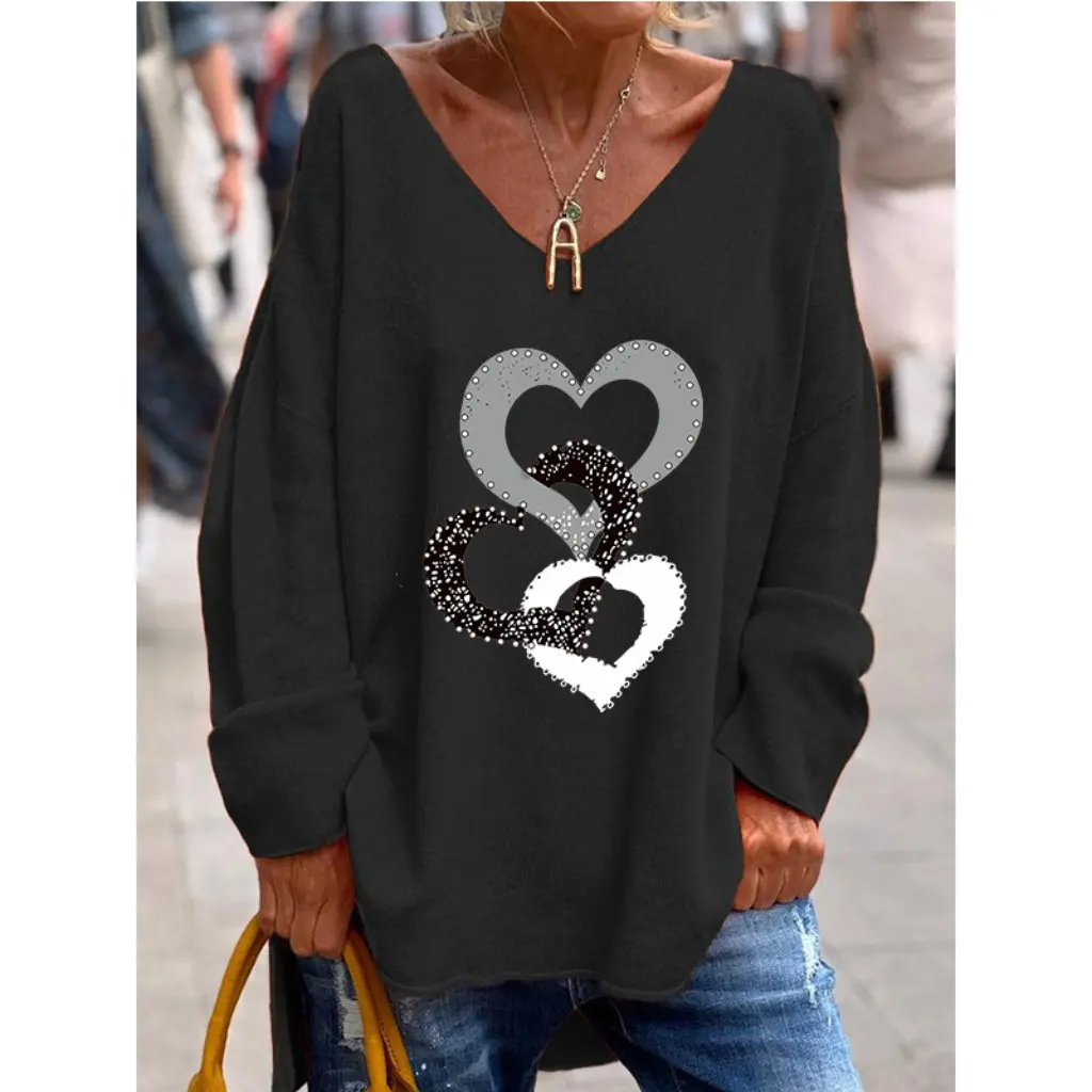 

Women's Solid Color V-Neck Long Sleeve T-Shirt Loose Casual Comfortable Top European American Style Autumn Winter Fashion