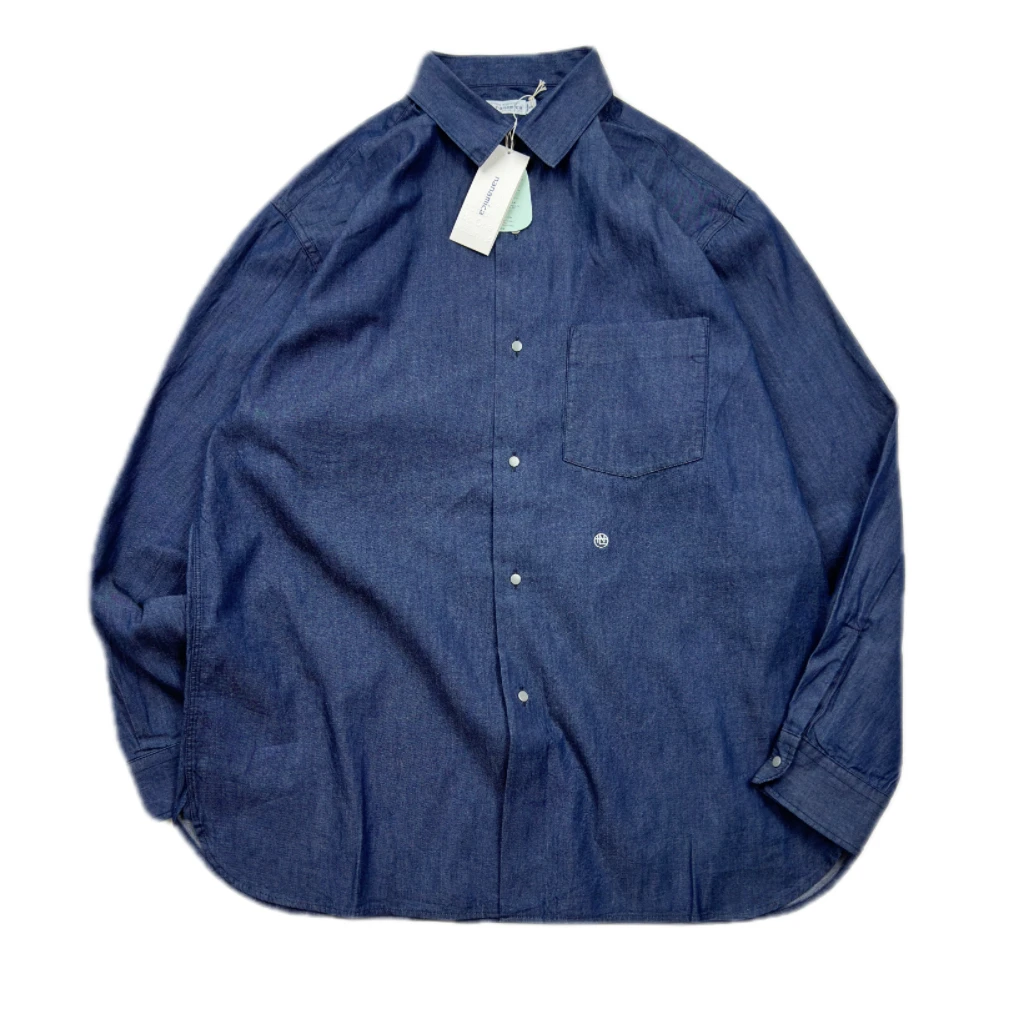 Nanamica Chambray Japan fashion Retro Indigo Core-Spun Yarn Solid Washed Loose Men and Women Long sleeve Shirts