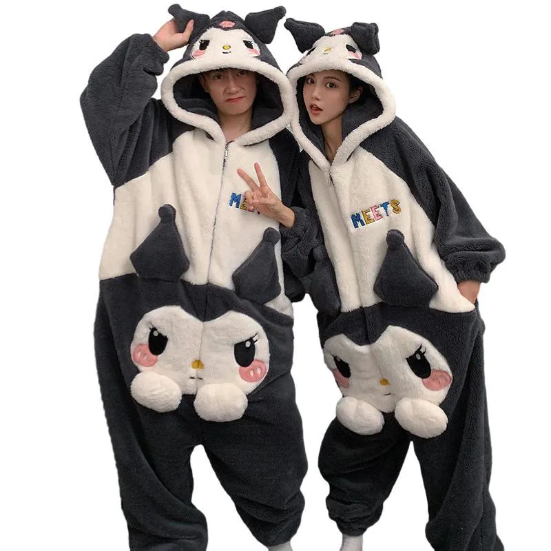 

Kawaii Kuromi Cinnamoroll One-Piece Couple Pajamas Autumn Winter Thickened Warm Cartoon Anime Cute One-Piece Home Clothes