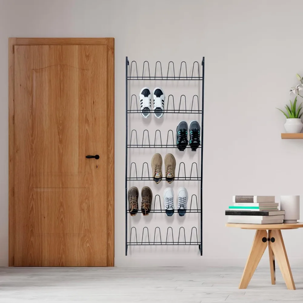 

Black Metal Shoe Organizer for Entryway, Wall Mounted Shoe Rack for Closet with 36 Hooks, Holds up to 18 Pair