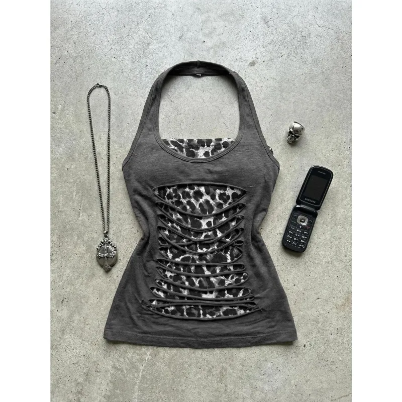 Top Corto Retro Estilo Gótico Americano para Mujer, Ropa Urbana Y2K, Top Corto Sexy sin Espalda con Efecto de Dos Piezas, Top Corto Halter Desgarrado sin Mangas