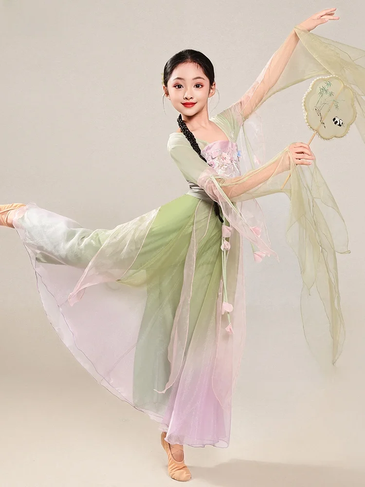 

Elegant Classical Dance Performance Costume for Girls Children Youth Flowing Tunic Top Skirt Set Solo Practice Outfit