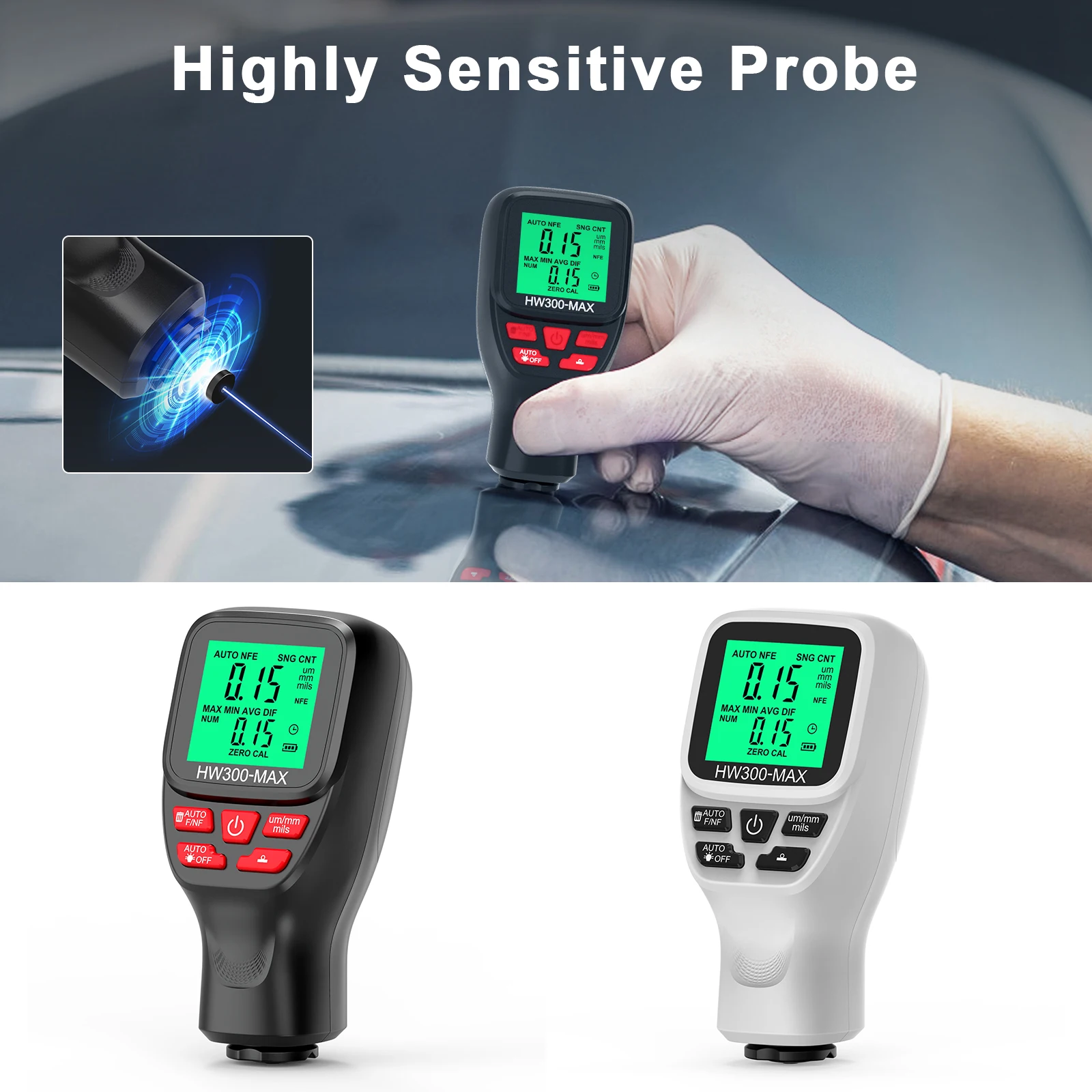 

Coating Thickness Gauge 0-2000UM 3 Probe Car Paint Thickness Tester Digital Backlight CoatingThickness Measuring Meter HW300-MAX