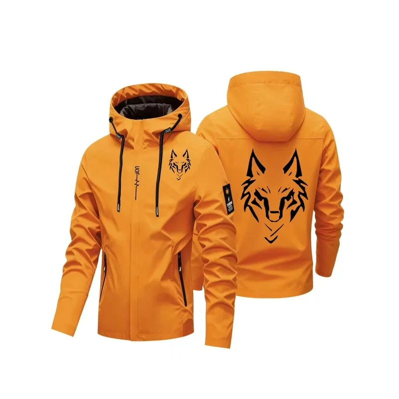 2026 NEW Men's Wolf Print Hooded Jacket Casual Outdoor Windbreaker Coat Male Waterproof Zip Up Hoodie Streetwear Outerwear