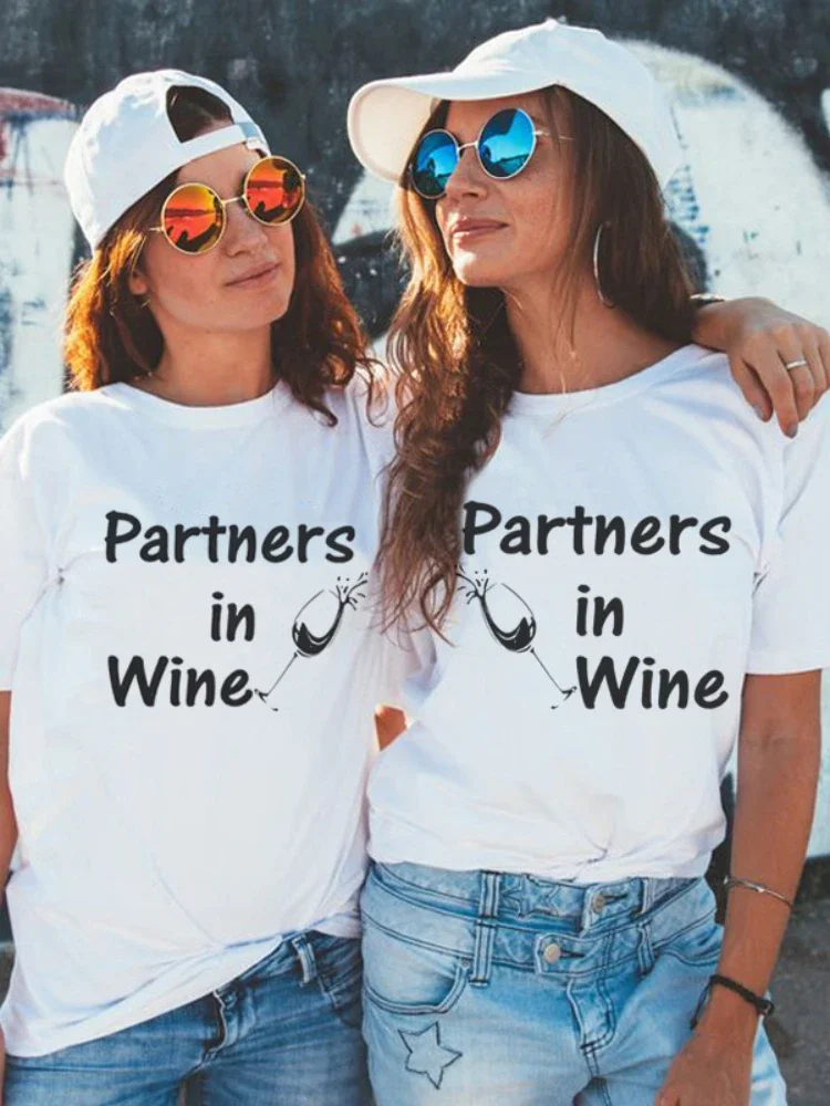 Women T Shirt Partners In Wine Glassess Print Best Friends Tee Shirt Short Sleeve O Neck Loose Women Tshirt Tops Camisetas Mujer