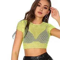 Sexy Women Blouse Sheer Mesh Crop Tops O-neck Short Sleeve Slim Solid Color Perspective Short Top Navel Exposed Tee Shirt
