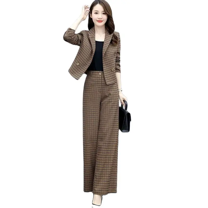 

2022 Women New Single/Suit Plaid Professional Suit Ladies Long-Sleeved Temperament Thin Blazer Goddess Fan Wide-leg Pants Suit