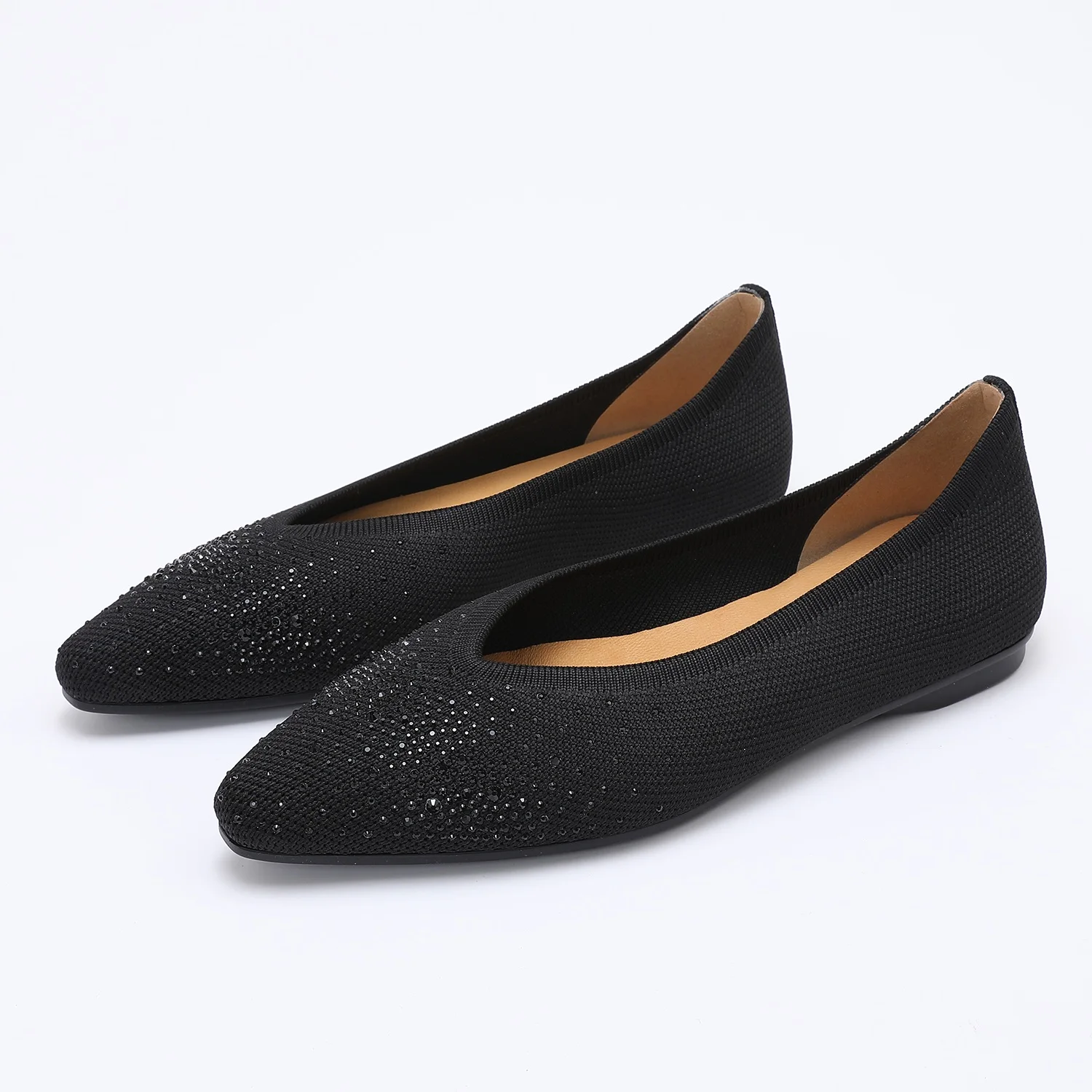 Women Washable Knit Pointed Toe 2cm Flats Glue-Free Breathable Mesh Rhinestone Ballet Flat Shoes Slip On Walking Dress Shoes