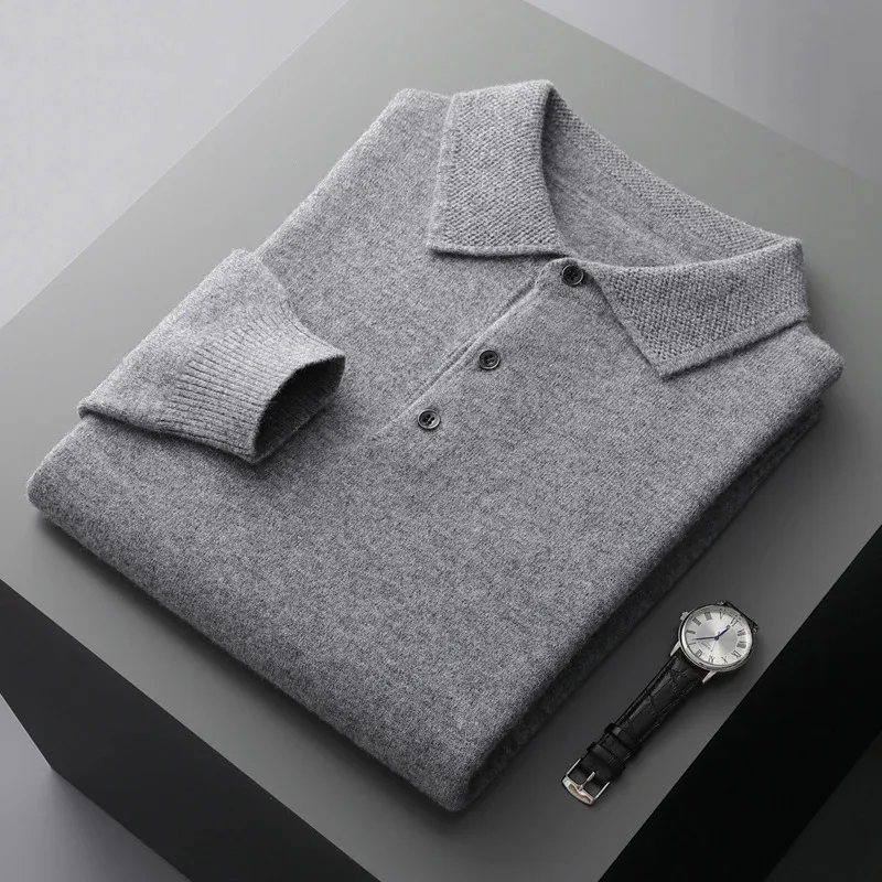 

100% merino wool cardigan men's lapel pullover long sleeve POLO neck sweater loose top knitted clothing plus size shirt