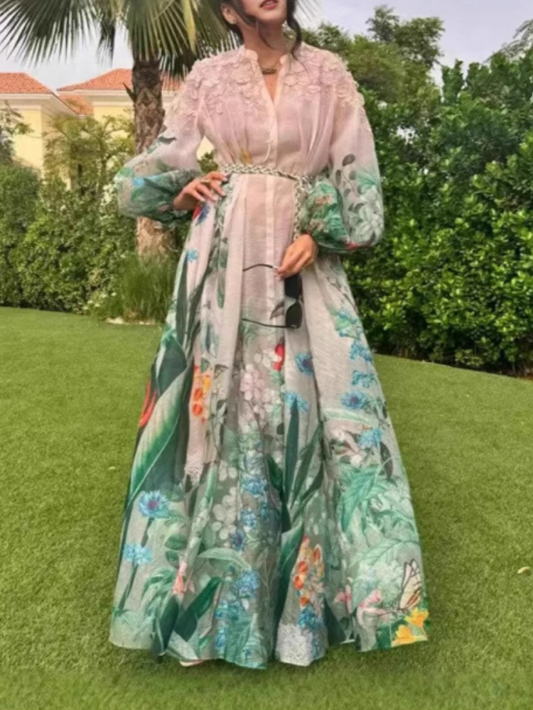 Elegant Maxi Dress for Women V Neck Lantern Sleeve High Waist Spliced Lace Up Colorblock Printed Single-breasted Dresses Female