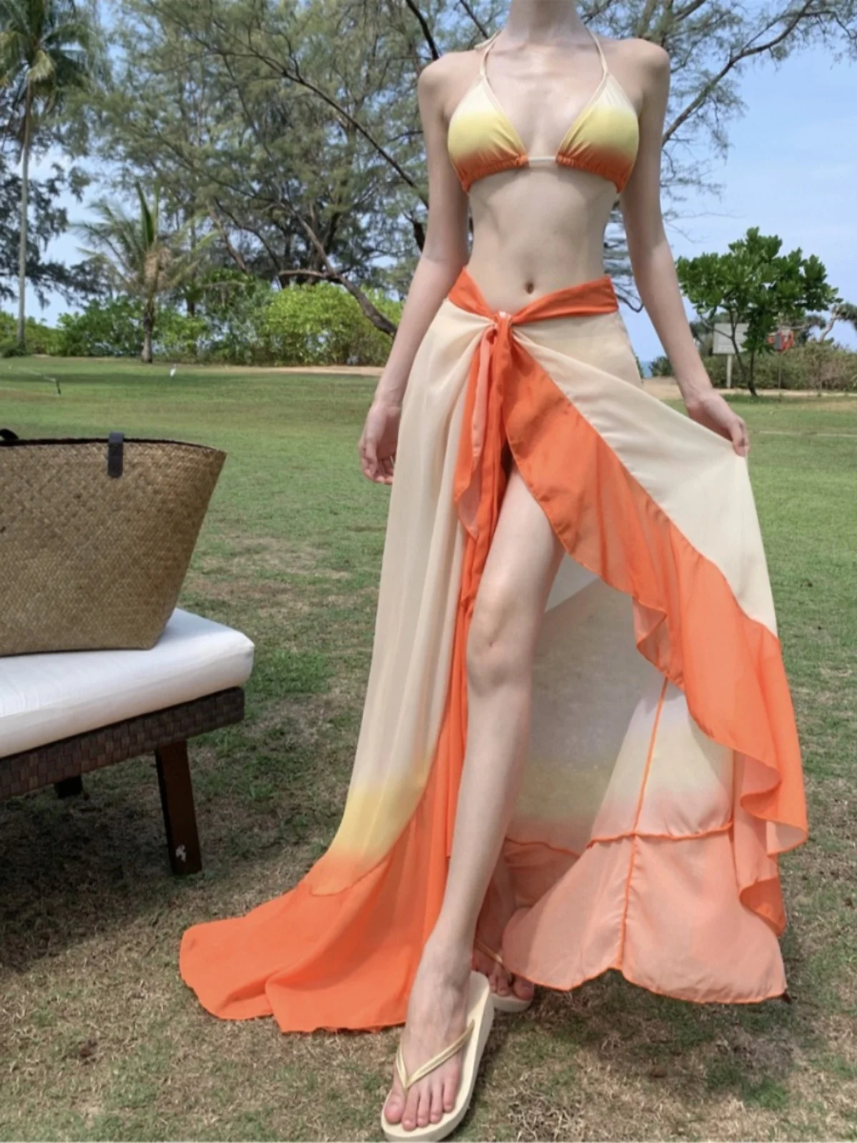 Reizen Strandkleding Bikini Sexy T-stuk Set adient Chiffon Vloerlengte Dr V-ne Lange Broek Casual Faion Ensemble