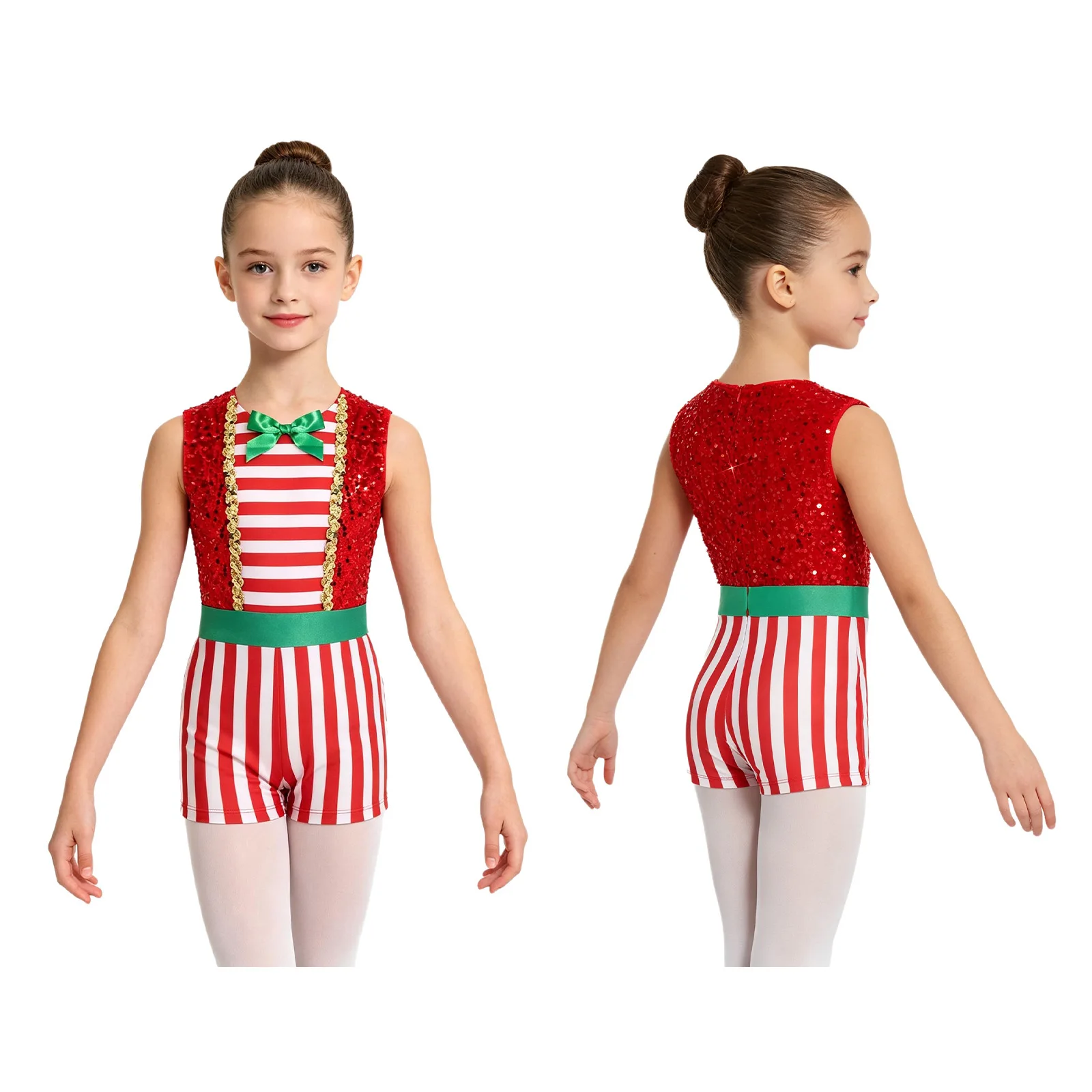 Kinder Mädchen Weihnachten Ballett Tanz Gymnastik Eiskunstlauf Trikot Weihnachten Zuckers tange Bodysuit ärmellose Streifen Pailletten Overall – Detail 13