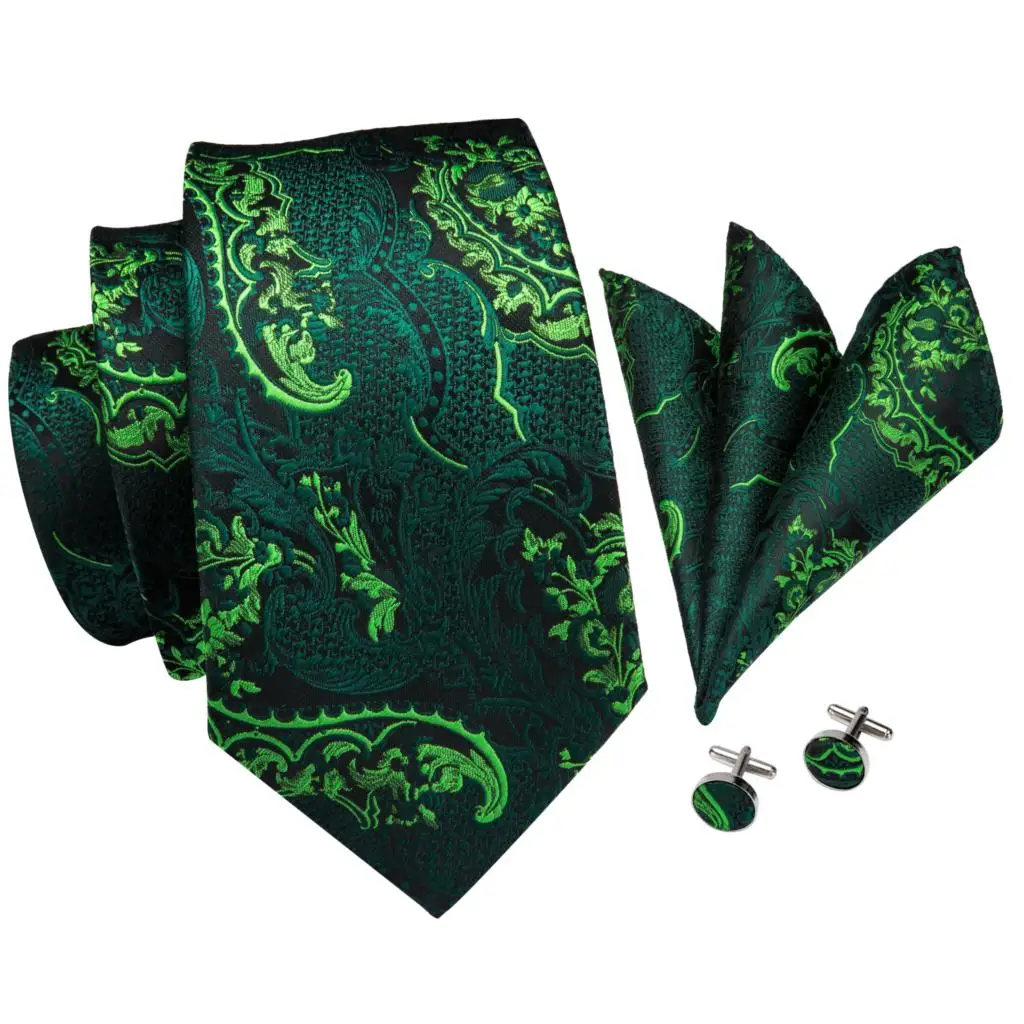 Cravatte verdi da uomo cravatta floreale cravatta in seta Paisley tasca quadrata Set per feste d\'affari cravatte smeraldo regalo all\'ingrosso Hi-Tie