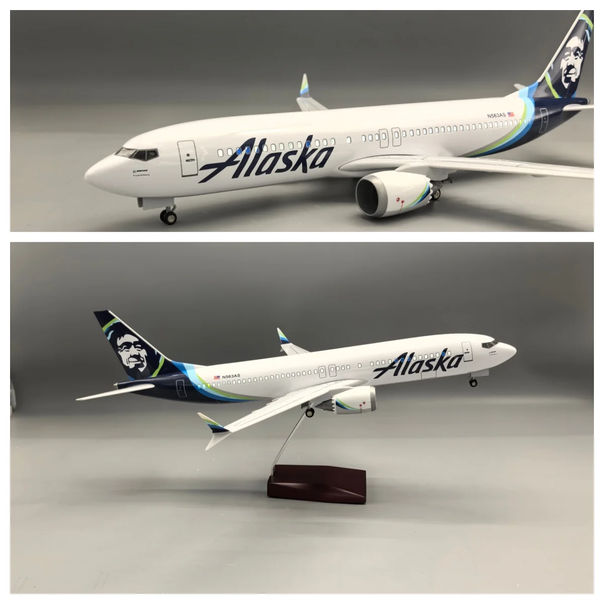 

Модель самолета 47 см Alaska Airlines B737 Max, коллекционная, из смолы и литого металла, с шасси, колесами и подсветкой, сувенир, подарок