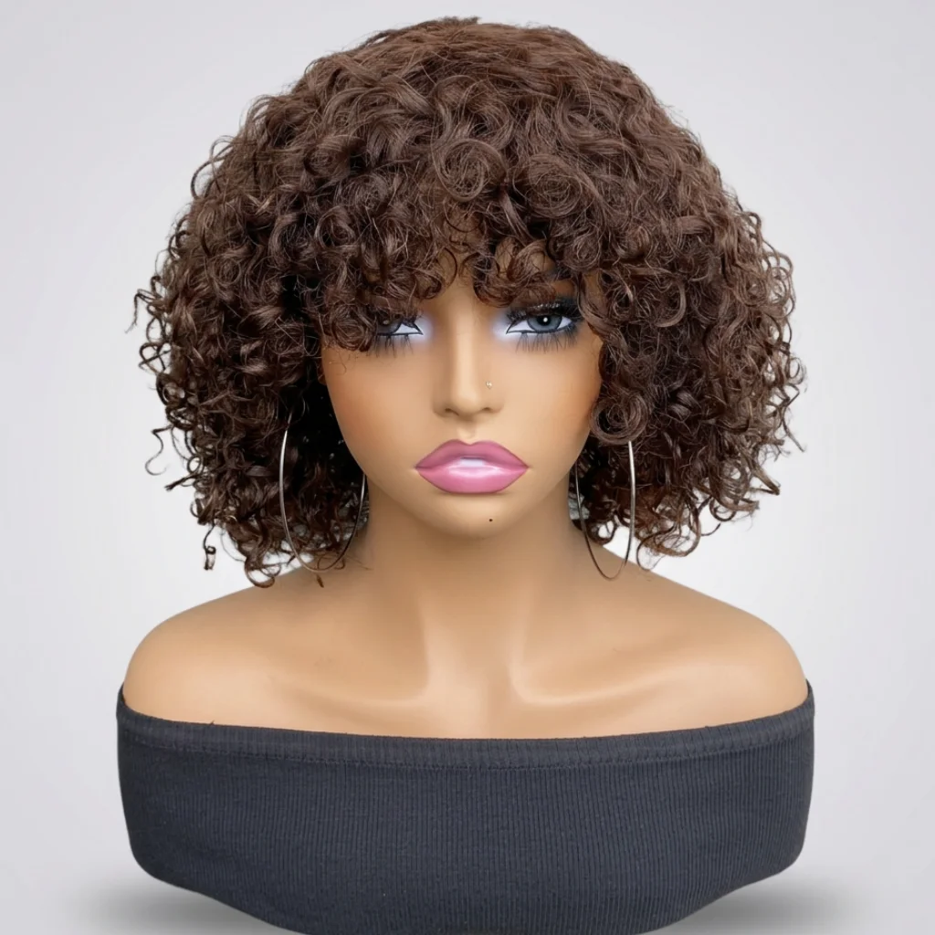 

Новый модный коричневый парик из натуральных волос Remy с глубокой волной, машинной работы, короткая стрижка пикси, кудрявый