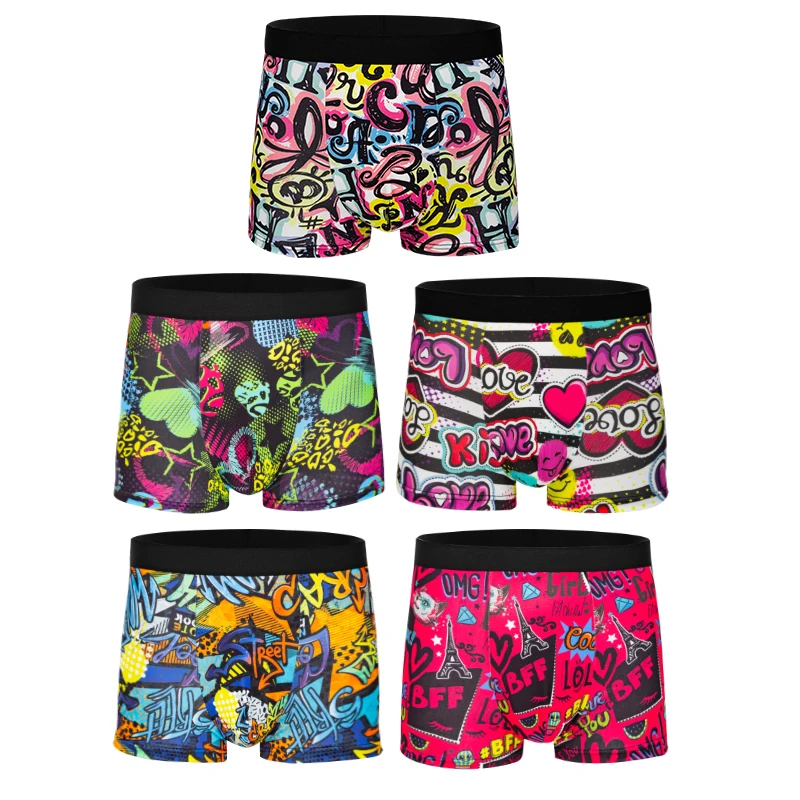10-Pack Cool Graffiti Black Bottom Boxer Briefs for Men with Colorful Letter Print Youth Socks Random Pattern Delivery Soft Men'