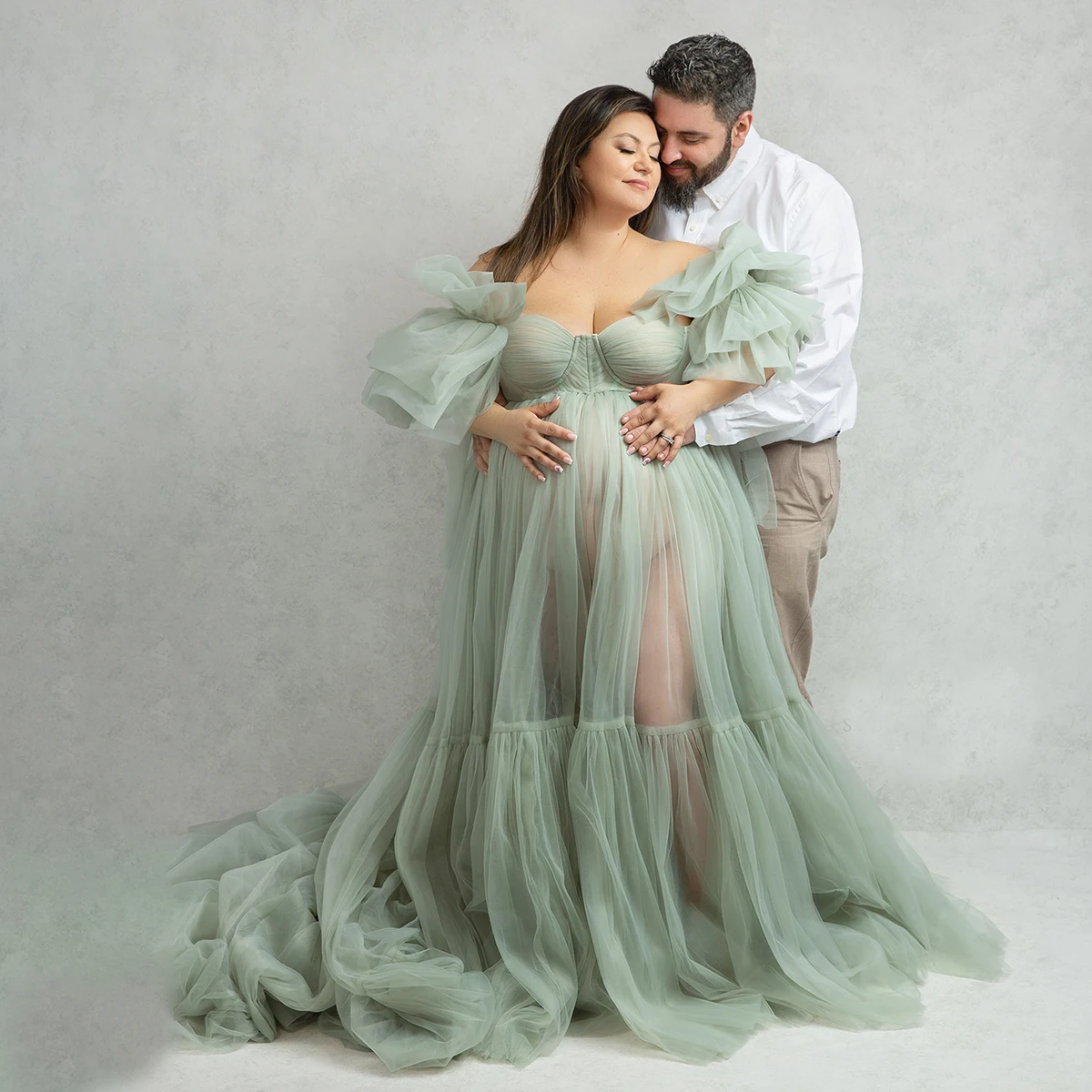 

See Through Mesh Flowy Maternity Dress For Photography Sweetheart Short Sleeves Illusion Tulle Plus Size Baby Shower Gowns