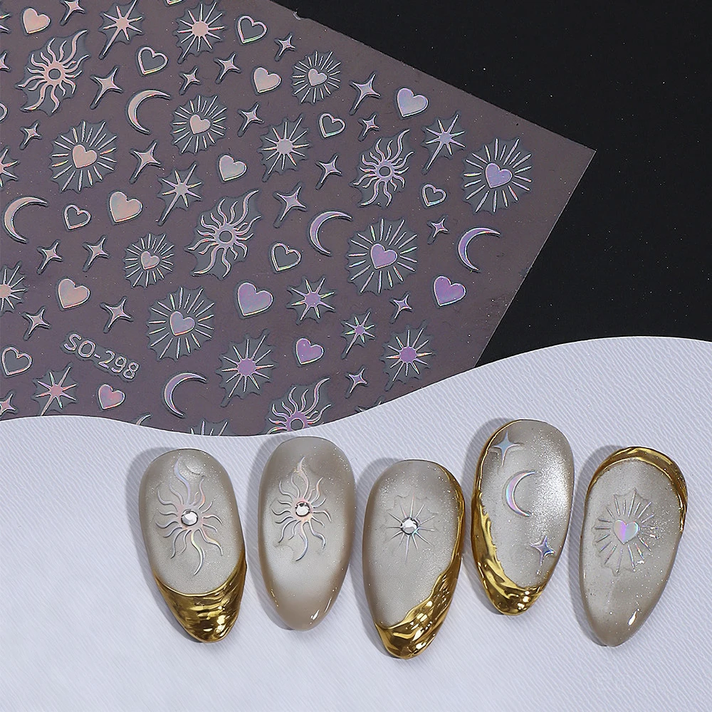 1/6pcs 3D Metallic Moon Sun Starburst Heart Nail Stickers Bronzing Gold Silvery Black White Laser Adhesive Nail Decal Nail Suppl