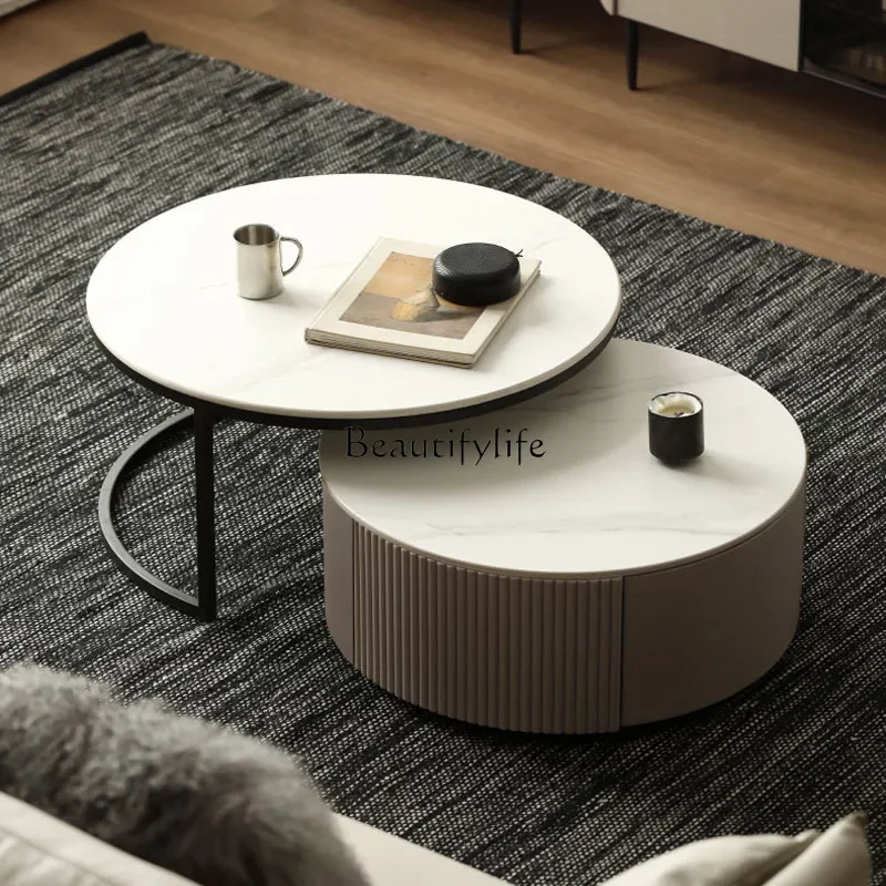 

Round solid wood telescopic coffee table combination simple modern storage storage size round rock slab